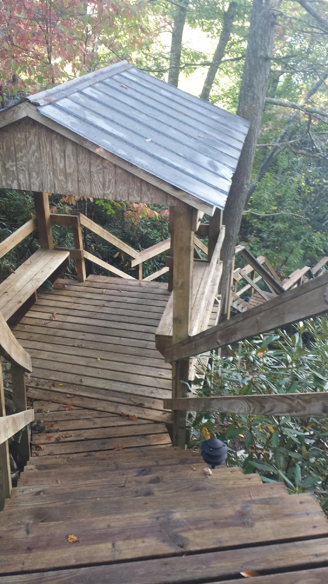 Metal roofed shelter over wooden steps on a wooded walkway — Skylight Repair & Installation work by our crew in Rembert